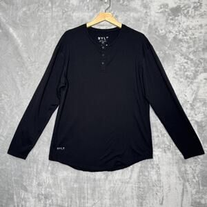 BYLT Shirt Mens Large Black Drop-Cut L/S Henley Long Sleeve Curved Hem Stretch